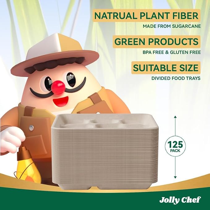 Compostable 5 Compartment 10*8.25*1 Inch 125 Pack Heavy Duty Paper Plates | Small Divided Disposable Plates White Eco-Friendly Biodegradable Food Trays for School Lunch Dinner - Image 6