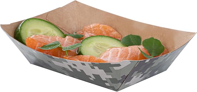 Restaurantware-Bio Tek 4 Ounce Paper Boats, 400 Disposable #25 Food Trays - PE Lining, Durable, Camouflage Print Paper Food Baskets, For Concession Stands, Picnics, or Fairs, Stackable - Image 8