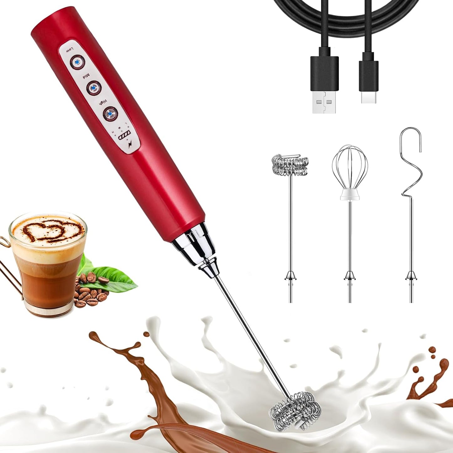 Nahida Red Milk Frother Wand for Coffee - Rechargeable Handheld Electric Whisk with 3 Heads, 3 Speeds - Drink Mixer for Latte, Cappuccino, Hot Chocolate
