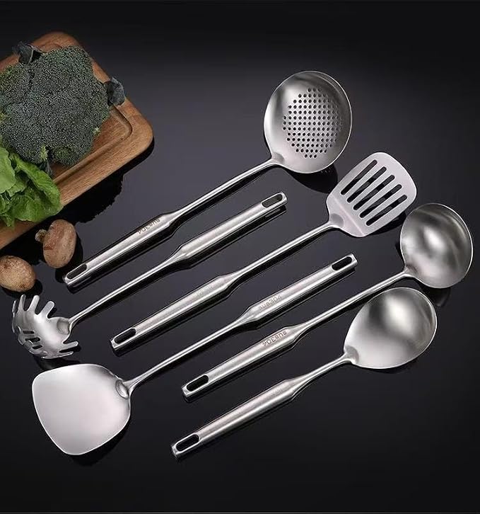 Premium 7-Piece Gold Kitchen Utensil Set with Stand, Stainless Steel Cooking Tools- Dishwasher Safe Ladle, Spoon, Spatula, Pasta Fork, Luxury Brass Kitchen Accessories for Home Chefs (silvery) - Image 9