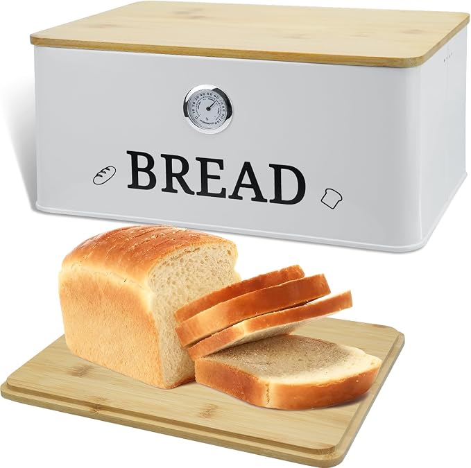 White Bread Box for Kitchen Countertop, Bamboo Lid with Hygrometer by Unknown