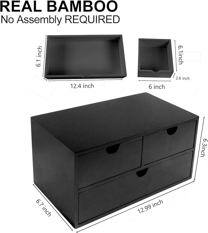 Charmewooden Bamboo Desk Organizer with 3 Drawers, Countertop Organizer with Drawers Makeup Storage Drawer 3 Drawer Tabletop Storage Organization Box Home Office Workspace（Black） - Image 2