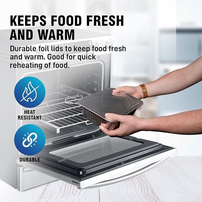 Diplastible Oblong Disposable Aluminum Pans with Lids - 50 Pack - 8.5 x 6 x 2.5 in 5-lb Pan with Foil Covers Perfect for Baking Cooking Food and Storage Container - Image 6