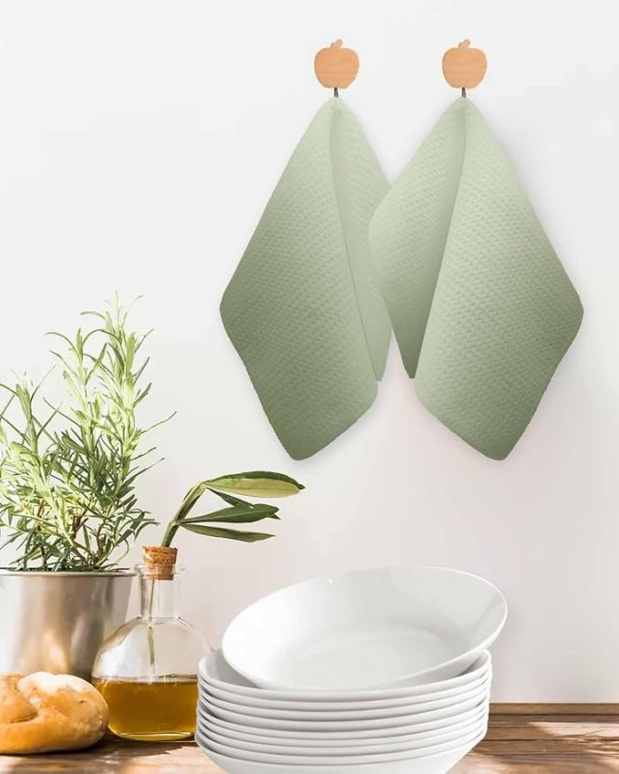 Gradient Sage Green Dish Towels Set, Waffle Weave Kitchen Towels Microfiber Towels Cleaning, Contemporary Minimalist Solid Color Soft Absorbent Dish Drying Towels Hand Towels 2 Pack 12x12 Inch - Image 2