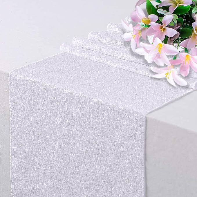 White Sequin Table Runner 12 Pack, 12''x72 Glitter Table Runner by WISPET
