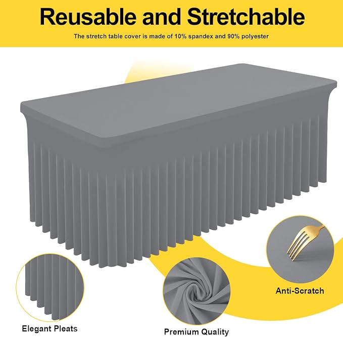 Smiry Spandex Tablecloth 6 Pack, Elastic Fitted Stretch Tablecloth for 6FT Rectangle Tables, Waterproof Washable Table Cover Skirt for Wedding, Banquet & Parties (Grey, 72Lx30Wx30H Inch) - Image 2
