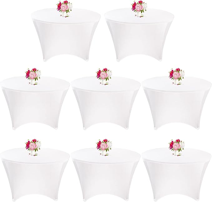 8 Pack 6FT Round Spandex Tablecloth 72” White Elastic Table Cover Washable Wrinkle Resistant Fitted Stretch Table Cover for Wedding Party Birthday Banquet Bar Events(White) by JALANCY