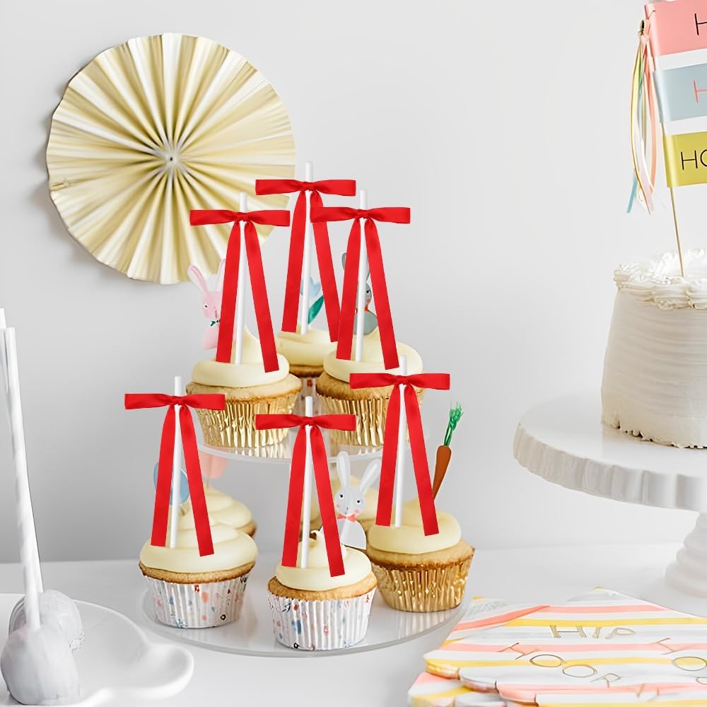 Bow Cake Toppers, 10 Pcs Large Red Bows Cupcake Toppers Themed Party Decorations, Red Birthday Cake Decorations for Wedding Baby Shower Party Supplies