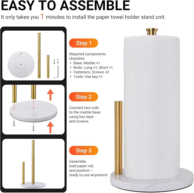 Hoooh Countertop Paper Towel Stand – Brushed Gold, Weighted Marble Base - Image 6
