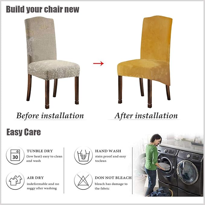 Velvet Plush XL Dining Chair Covers, Stretch Chaircover, Spandex High Chairs Protector Covers Seat Slipcover with Elastic Band for Dining Room,Wedding, Ceremony, Banquet (Mustard Gold, Set of 2) - Image 6
