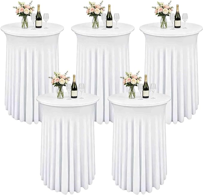 5 Pack White Cocktail Table Covers - 32 x 43 Inch Stretch Spandex Cocktail Tablecloths with Skirt Round Stretch High Top Table Cloths for Party, Bar, Pub, Wedding, Banquet, Birthday by PWDAN