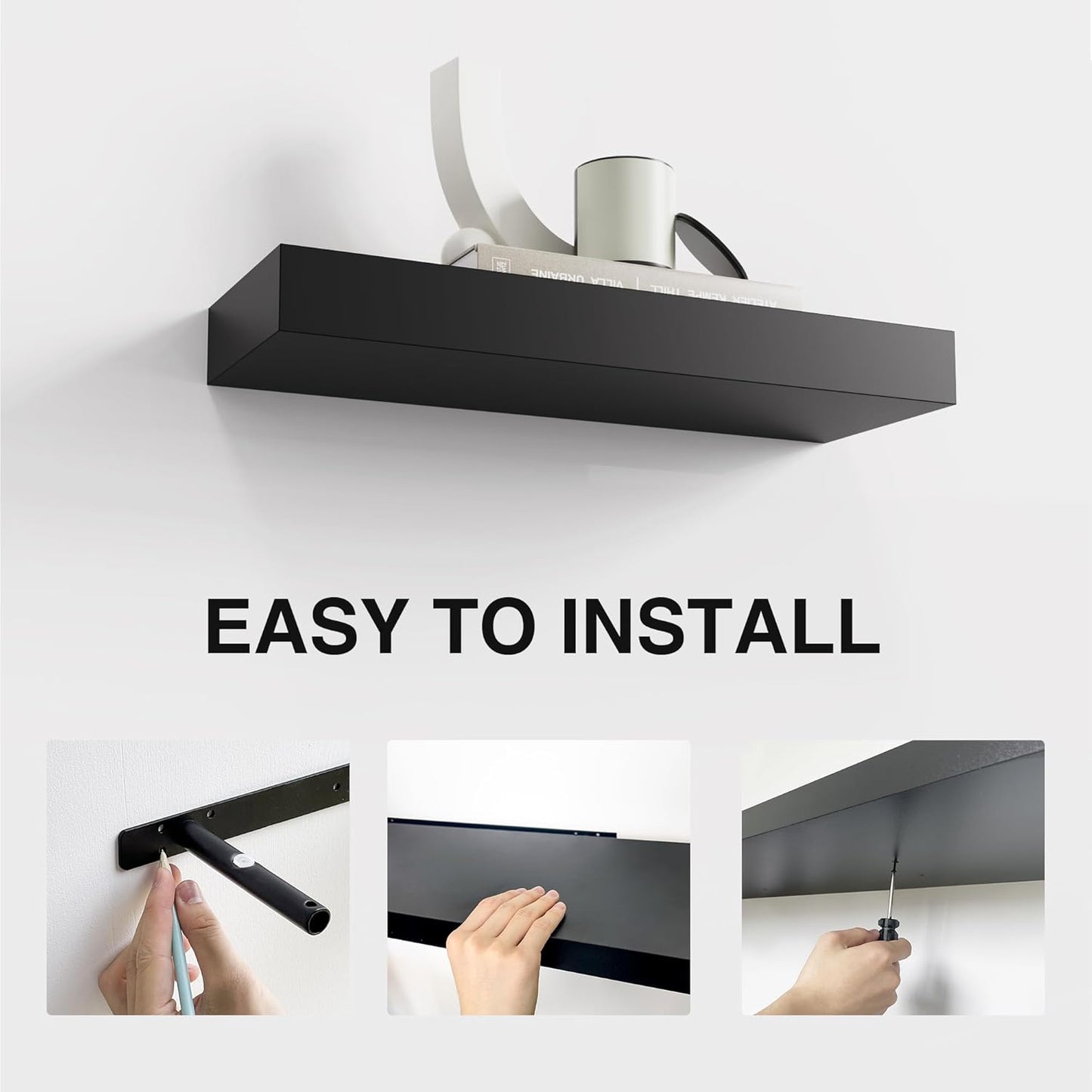 Colima Floating Shelves for Wall Black Wood Shelf for Bedroom, 15 Inch Wall Mounted for Bathroom Living Room Kitchen Office, 1.3" Thick Floating Book Shelves for Wall, Set of 2