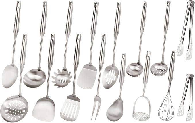 304 Stainless Steel Cooking Utensils Set, 16 Pcs Kitchen Utensils Set Cookware, High-heat resistance Kitchen Tool Set for Hanging Dishwasher Safe (16, silver) by Unknown