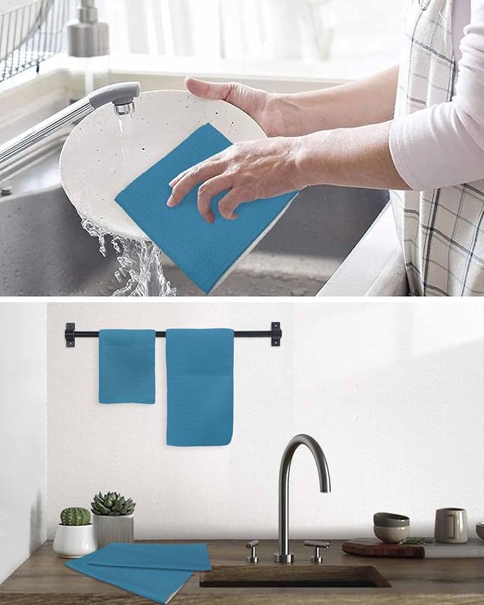 Teal Blue Dish Towels Set, Waffle Weave Kitchen Towels Microfiber Towels Cleaning, Modern Abstract Minimalist Coastal Ocean Wave Color Soft Absorbent Dish Drying Towels Hand Towels 3 Pack 12x12 Inch - Image 6