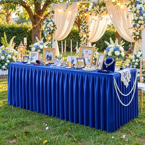 Royal Blue Polyester Table Cloths for Rectangle 8 Foot Tables, 1 Pack Wrinkle Free Tablecloths Stretchy Banquet Ruffle Fitted Table Cover Desk Skirt for Parties Wedding Birthday Baby Shower - Image 2