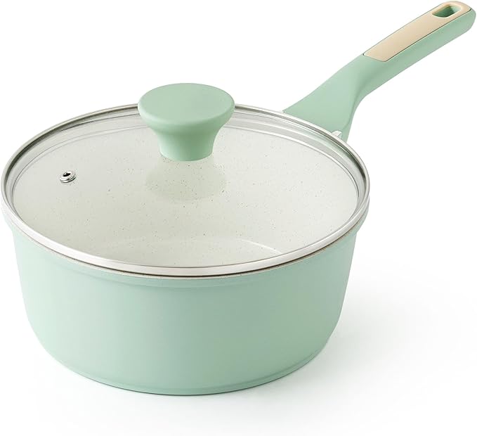 SENSARTE 2.5 QT Ceramic Nonstick Saucepan with Lid, PTFE/PFAS Free, Green by SENSARTE