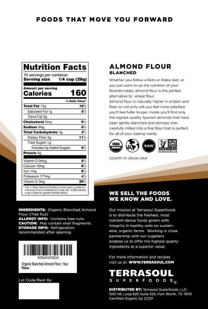 Terrasoul Superfoods Organic Almond Flour, 1 Lb - Fine Texture | Grain-Free | Gluten-Free | Perfect for Keto Baking
