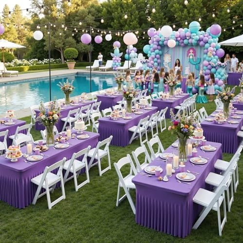 6 Pack Purple Spandex Table Clothes for 8 Foot Rectangle Tables, Wrinkle Free Fitted Table Cover 8ft Stretch Tablecloths Desk Skirt for Parties Weddings Birthday Banquet Baby Shower - Image 5