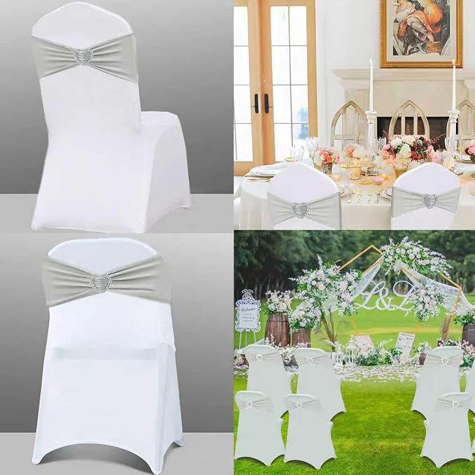 Silver Grey Chair Sashes 25 Pack Spandex Grey Sashes for Chairs Covers Universal Stretch Chair Sashes Band with Heart Buckle Slider for Wedding Banquet Party Decorations - Image 5