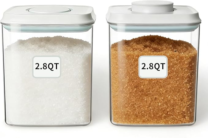 Food Storage Container Set 2.8 Qt ×2 with Lids, Airtight Pantry Canisters, BPA-Free Plastic Flour Sugar Storage Containers, One-Touch Press-to-Open Lids, Stackable Clear Jars for Rice, Cereal, Coffee by ANKOU