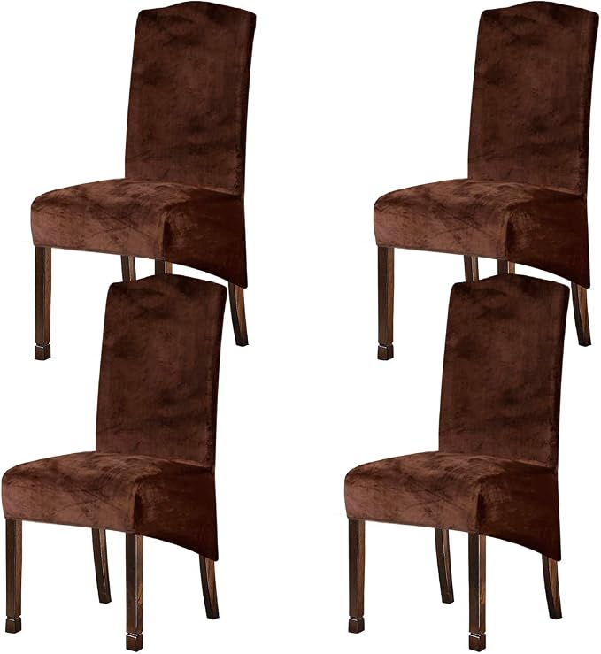 Velvet Plush XL Dining Chair Covers, Stretch Chaircover, Spandex High Chairs Protector Covers Seat Slipcover with Elastic Band for Dining Room,Wedding, Ceremony, Banquet (Coffee, Set of 4) by KELUINA