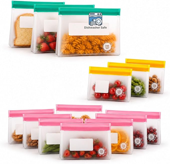 Reusable Food Storage Bags – 14-Pack Stand-Up, BPA-Free, Freezer, Dishwasher Safe & Eco-Friendly – 3 L, 8 M, 3 S Bags – Airtight Leakproof, Sandwich, Snack, and Meal Prep Baggies (Multicolor) - Image 9
