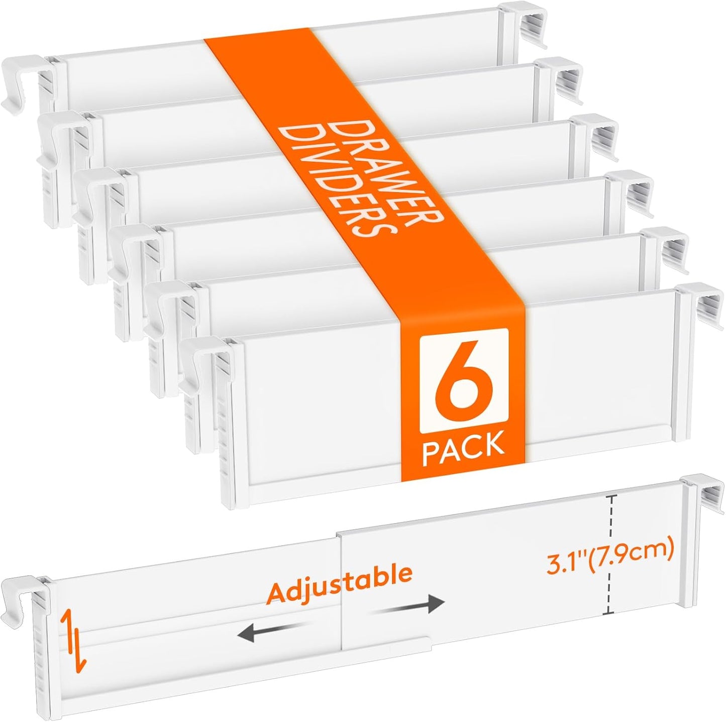 Lifewit Hanging Kitchen Drawer Dividers 3.1" High, 10-17" Adjustable Drawer Organizers for Utensils, Expandable Dresser Separators in Kitchen/Bedroom/Bathroom/Vanity/Office, White(6 Pack)