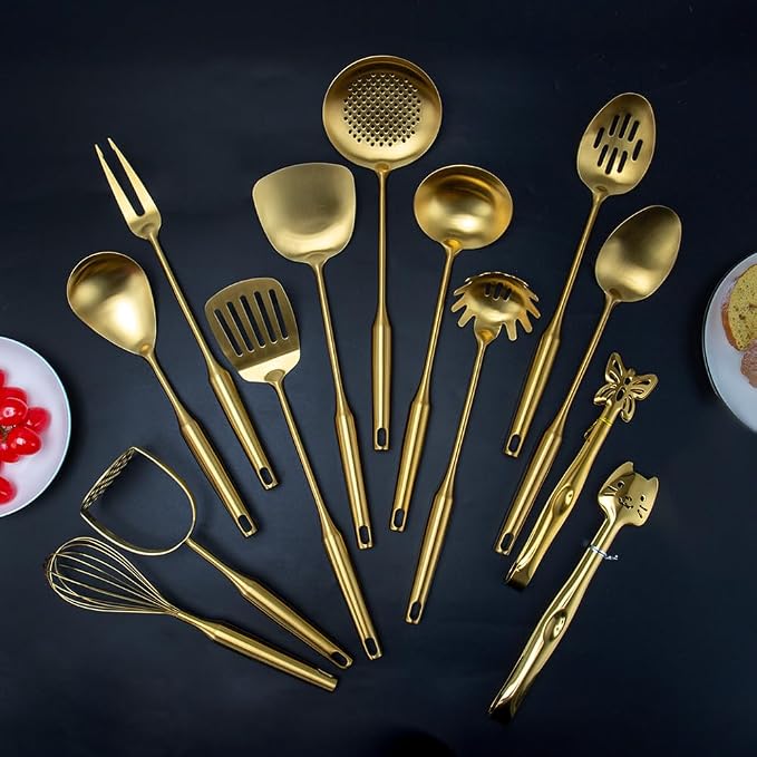 VALESKA 304 Stainless Steel Kitchen Utensils Set(Gold-13PCS),Include slotted spoon stainless steel, metal cooking slotted spoon, metal pasta spoon and etc,Easy to Clean - Image 8