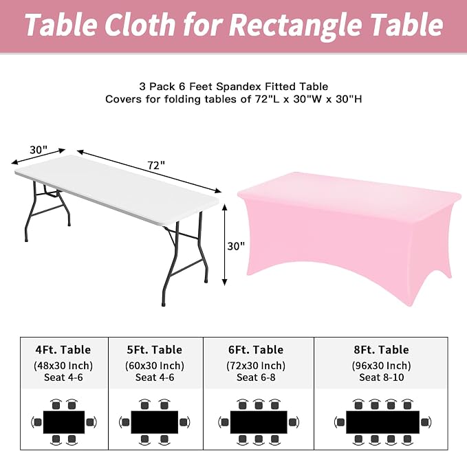 Fixwal 3 Pack 6FT Pink Tablecloth Rectangle Spandex Fitted Table Cover - Image 3
