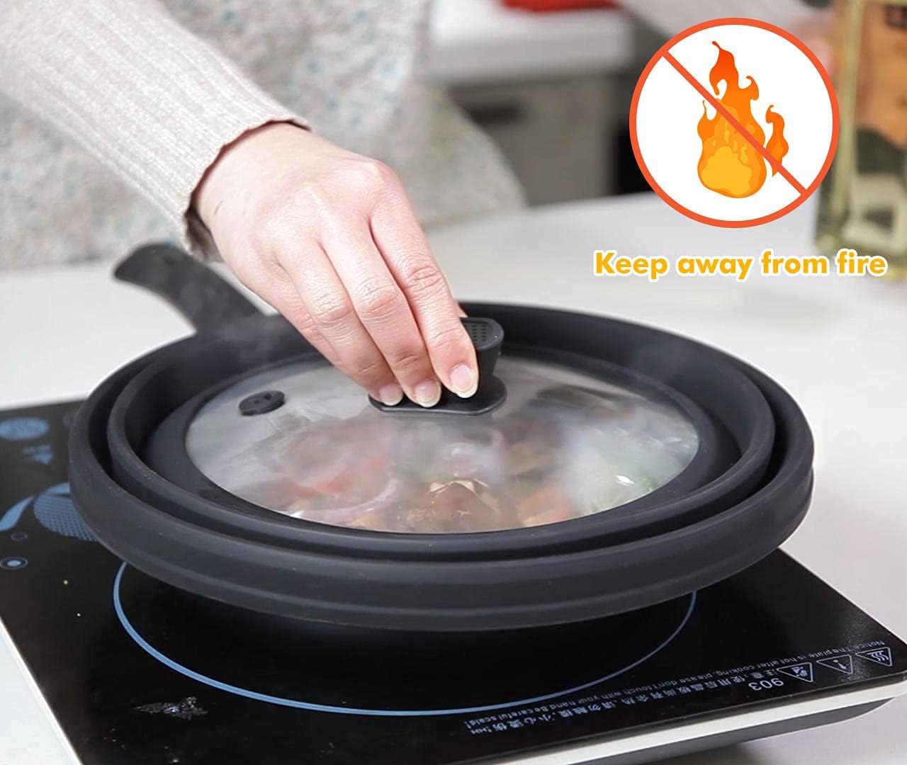 Microwave Splatter Cover Glass Cover Guard Lid with Collapsible Silicone for Food Pot Plate Cover 11.8 inch Black