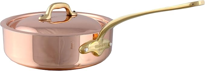 Mauviel M'Heritage 150 B 1.5mm Polished Copper & Stainless Steel Saute Pan With Lid, And Brass Handle, 3.3-qt, Made in France by Mauviel