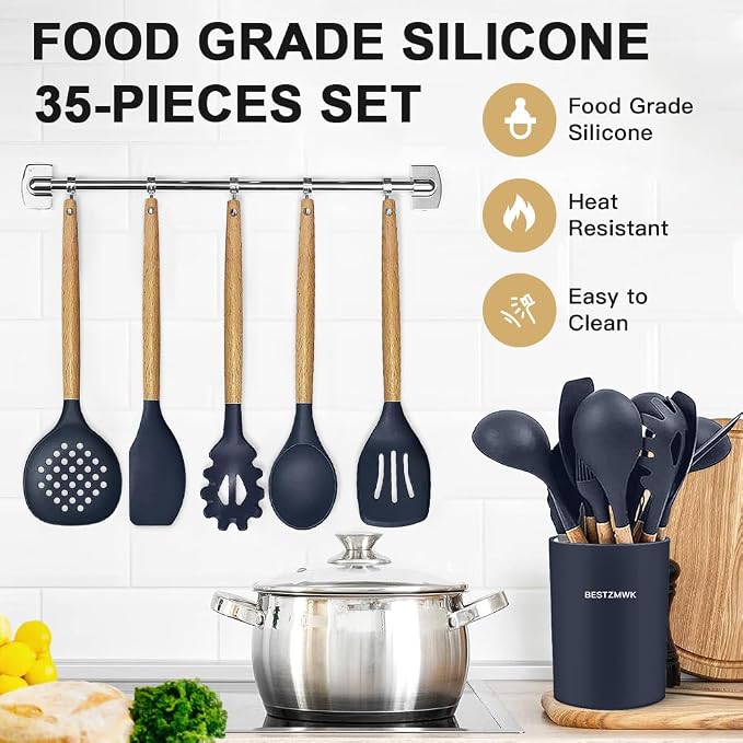 Cooking Utensils Set- 35 PCs Kitchen Utensils with Grater,Tongs, Spoon Spatula &Turner Made of Heat Resistant Food Grade Silicone and Wooden Handles Kitchen Gadgets Tools Set for Cookware - Image 3
