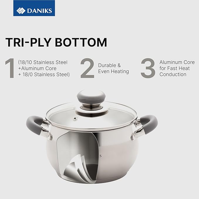 Daniks Modern 6-Piece Stainless Steel Cookware Set with Glass Lids, Tri-Ply Bases for Even Heating, Induction Compatible, Dishwasher Safe, Heatproof Handles - Image 4