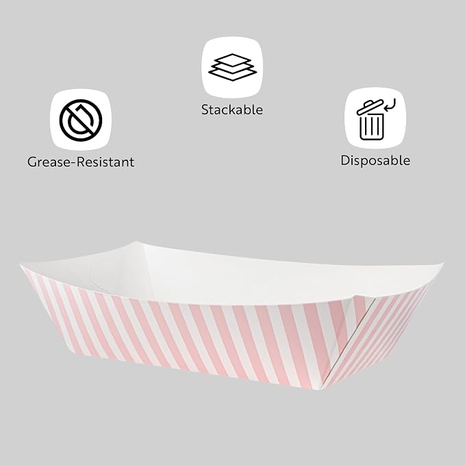 Restaurantware-Bio Tek 2 Pound Food Trays, 50 Disposable Paper Food Trays - Heavy-Duty, Greaseproof, Pink and White Paper Boats, for Snacks, Appetizers, Or Treats, Use At Parties Or Carnivals - Image 4