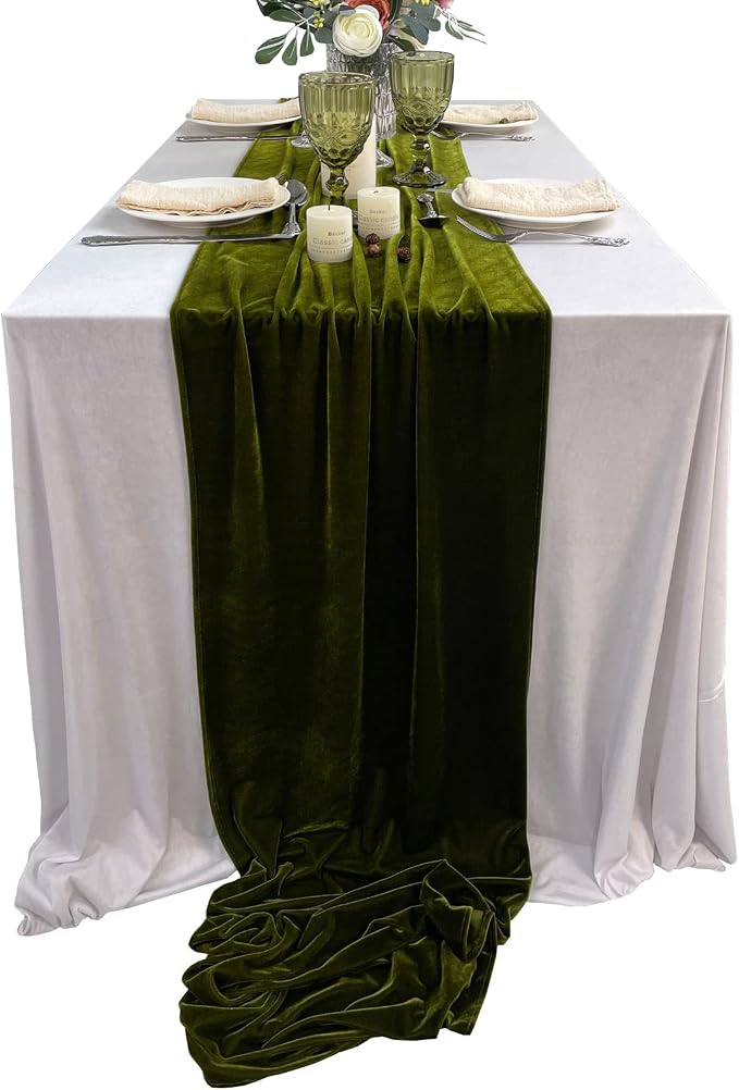 Luxurious Velvet Table Runner, 10ft Wedding Reception Decorations, 20x120inch Soft Velvet Fabric, Table Linen Overlay, Wedding Table Runners (Olive Green, 20X120inch) by EHLDekol