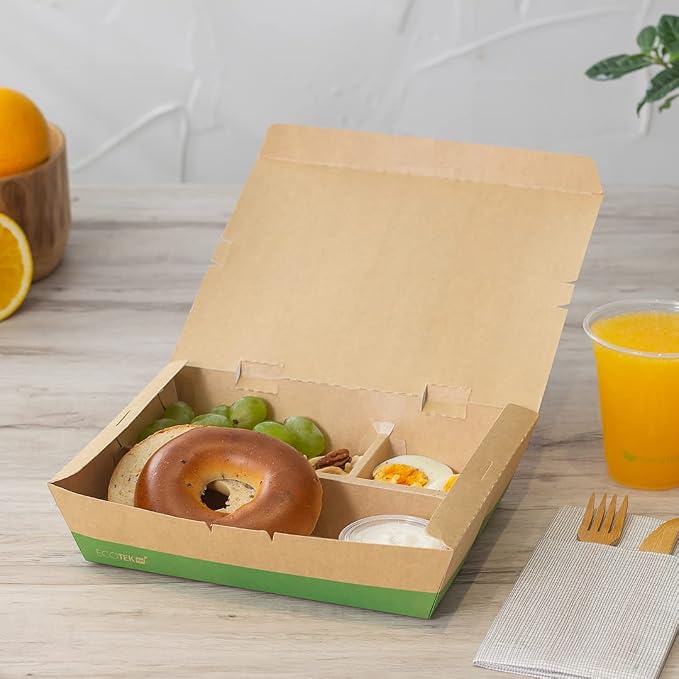 Restaurantware-Eco Tek 50.7 Ounce To Go Boxes, 100 Bento Boxes - 3 Compartments, Tab Lock Closure, Kraft and Green Paper Take Out Box, PLA Lining, For Restaurants or Parties - Image 9