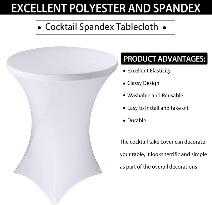 4 Pack Cocktail Spandex Tablecloth 32"x43" Cocktail Table Cover Fitted High Top Round Table for Bar Wedding Birthday Party Banquet (White) - Image 4