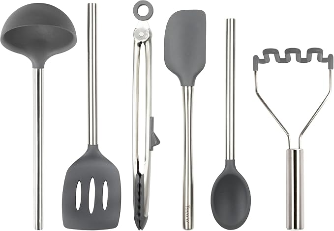 Tovolo Silicone Cooking Utensil Set of 6 Stainless Steel Handle Ladle Slotted Turner Tongs Flex Core Spatula Scraper Mixing Spoon & Potato Masher, Dishwasher Safe BPA Free Utensils, Charcoal Gray by Tovolo