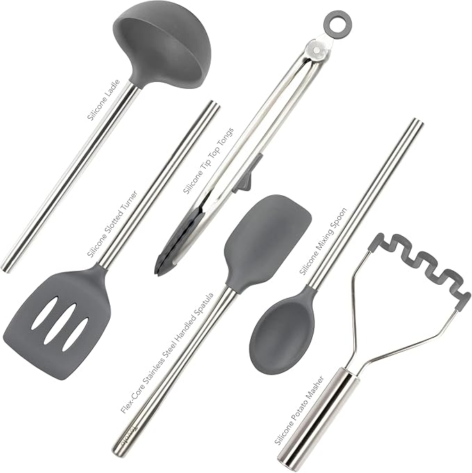 Tovolo Silicone Cooking Utensil Set of 6 Stainless Steel Handle Ladle Slotted Turner Tongs Flex Core Spatula Scraper Mixing Spoon & Potato Masher, Dishwasher Safe BPA Free Utensils, Charcoal Gray - Image 2