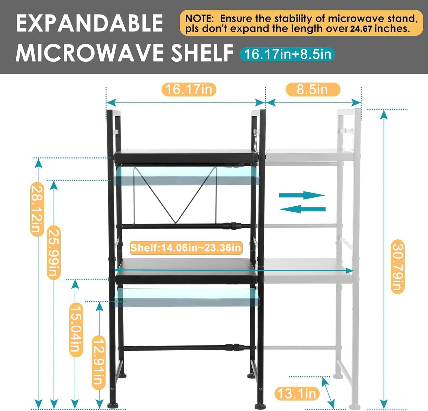 DOLALIKE Microwave Oven Rack, Expandable Microwave Stand Countertop Kitchen Utensils Tableware Storage, Carbon Steel Over Microwave Shelf Countertop with 3 Hooks