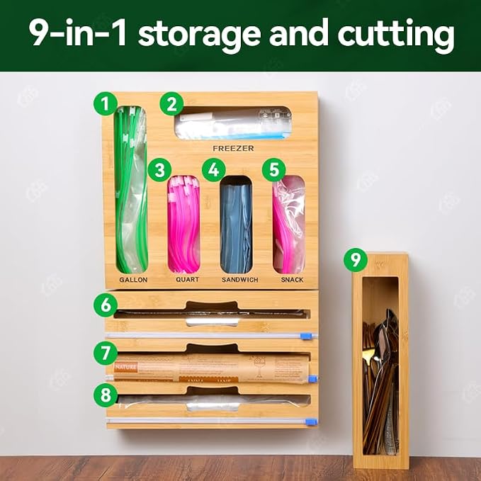 LDQ 9-in-1 Shatterproof Square Bamboo Storage Box - Aluminum Foil Dispensr with Cutter, Reusable Quarter Multi-Functional Sealed Bag Organizer for Kitchen Drawers, Walls, and Cabinetse - Image 7