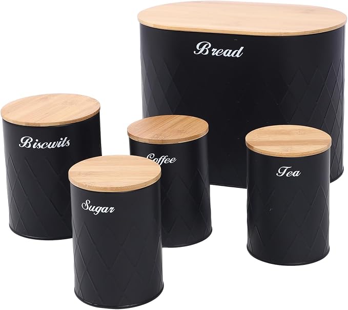 Set of 5 Bread Box and Canister Set for Kitchen Countertop, Metal Bread Bin Biscuit Sugar Tea Coffee Storage Canister with Lid, Black - Image 4