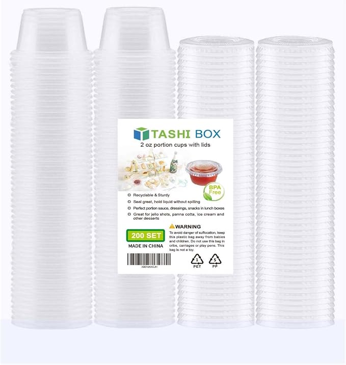 TashiBox 200 Sets - 2 Ounce Disposable Plastic Jello Shot Cups with Lids, Souffle Portion Container… - Image 6