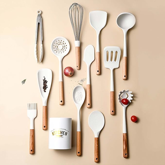 Silicone Kitchen Utensils Set,446°F Heat Resistant 13 Piece Wood Handle For Non-stick Cooking Set (BPA Free) Turner,Tongs,Spatula,Spoon,Brush,Whisk -White - Image 6