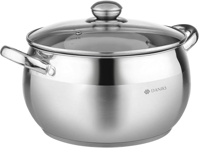 Daniks Classic 6.5 Quart Stainless Steel Stock Pot with Glass Lid, Tri-Ply Bottom for Even Heating, Induction Compatible, Dishwasher Safe by Daniks