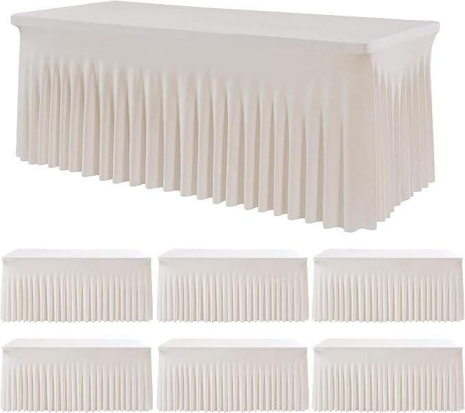 6pk Ivory Spandex Tablecloths for 6 Foot Rectangle Tables, Stretch Table Cloths 6 ft Fitted Tablecover Desk Skirt for Parties Weddings Birthday Banquet Baby Shower by Htper