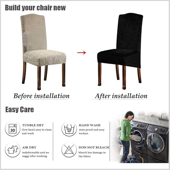 Velvet Plush XL Dining Chair Covers, Stretch Chaircover, Spandex High Chairs Protector Covers Seat Slipcover with Elastic Band for Dining Room,Wedding, Ceremony, Banquet (Black, Set of 2) - Image 6