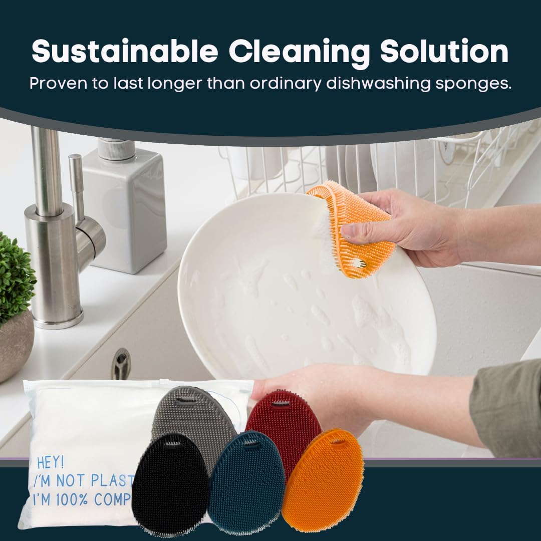 Silicone Sponge Dish Scrubber - Food Grade and Housecleaning - BPA Free Silicone Kitchen Scrubber [5 Pack Ovals Winter]