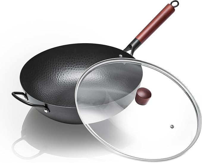 WANGYUANJI Carbon Steel Wok with Lid, 13.4" Hand Hammered Stir Fry Pan with Detachable Wooden Handle, Flat Bottom Wok Pan for Electric, Induction & Gas Stoves, No Coating (Black) by Home