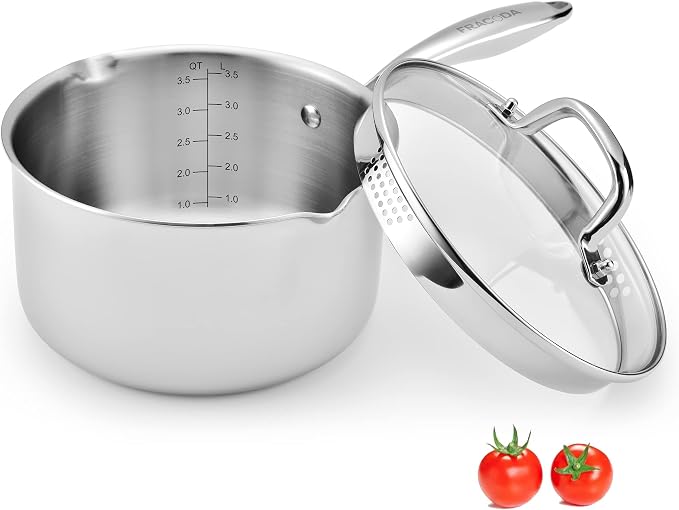 3.5 Quart Stainless Steel Pot Saucepan with Glass Strainer Lid, Sauce Pot with Two Side Spouts, Induction Cooking Pot, Multipurpose Sauce Pan with Lid for Cooking(Tri-Ply Full Body) by Fracoda
